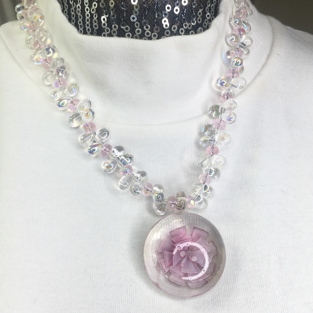 Artisan Hand blown Pendant clear glass pink flower crystal beaded necklace 18"